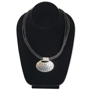 Napier Choker Necklace Silver Tone Pebbled Pendant Black Faux Leather Strap